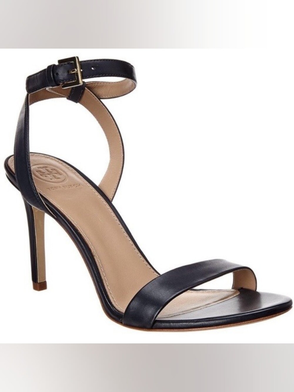 Tory Burch Elana Black Calf Leather Ankle-Strap Gold Heeled Sandal